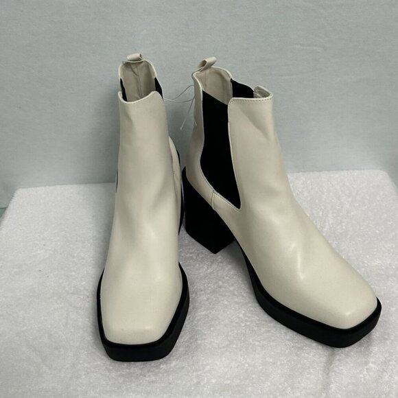 MIA Block Heel Pull on Tab Faux leather Lug Sole Chelsea Boot -Off White-11 - Picture 1 of 16